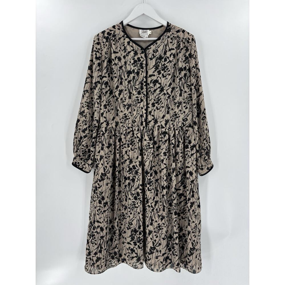 Vintage Studio Collection Dress Womens 14 Brown Beige 80s 90s Floral Long Sleeve